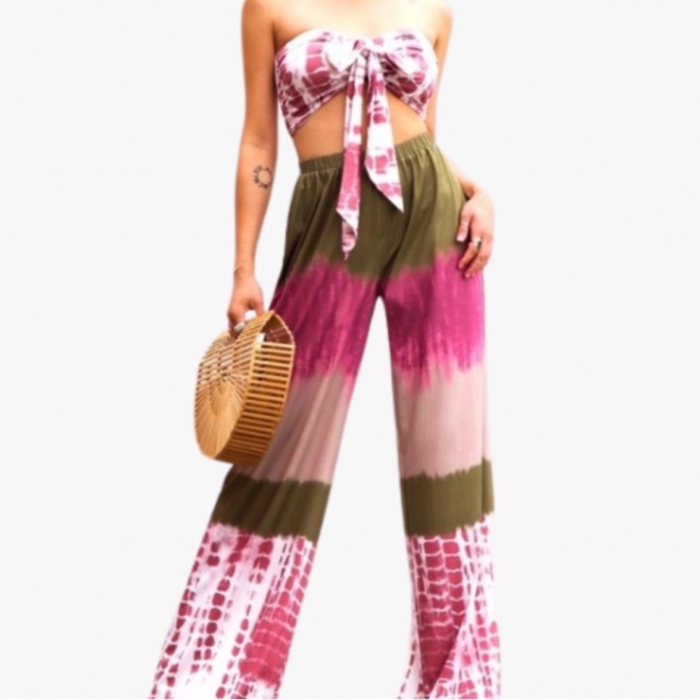 Fabulous Boho Tie-dye Printed Knit Tie Front Bandeau Top
and Wide Leg Pants Set